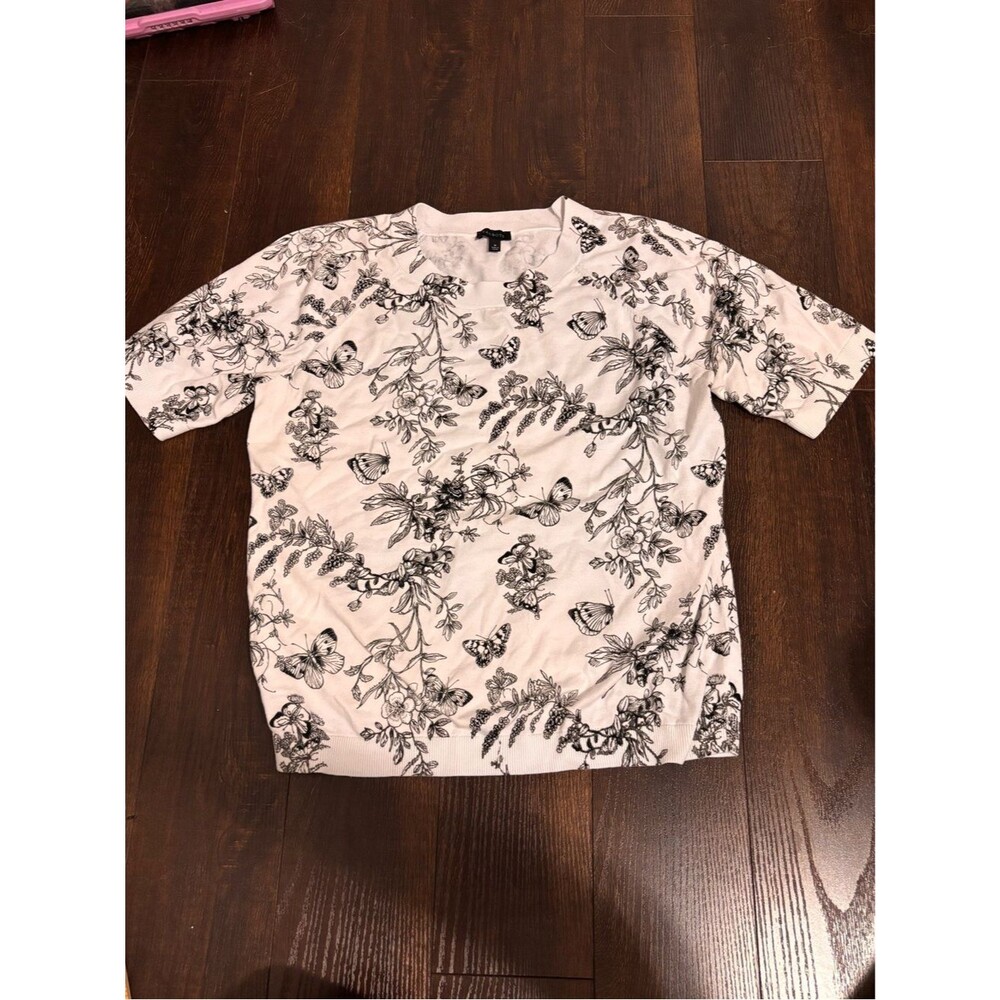 Talbots White Floral & Butterfly Print Short Sleeve Shirt